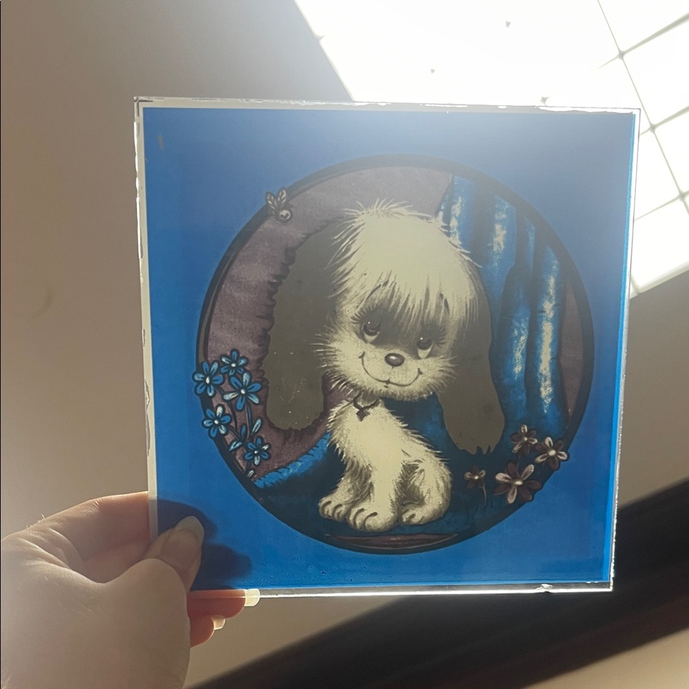Vintage & Cute Puppy Art Glass Panel